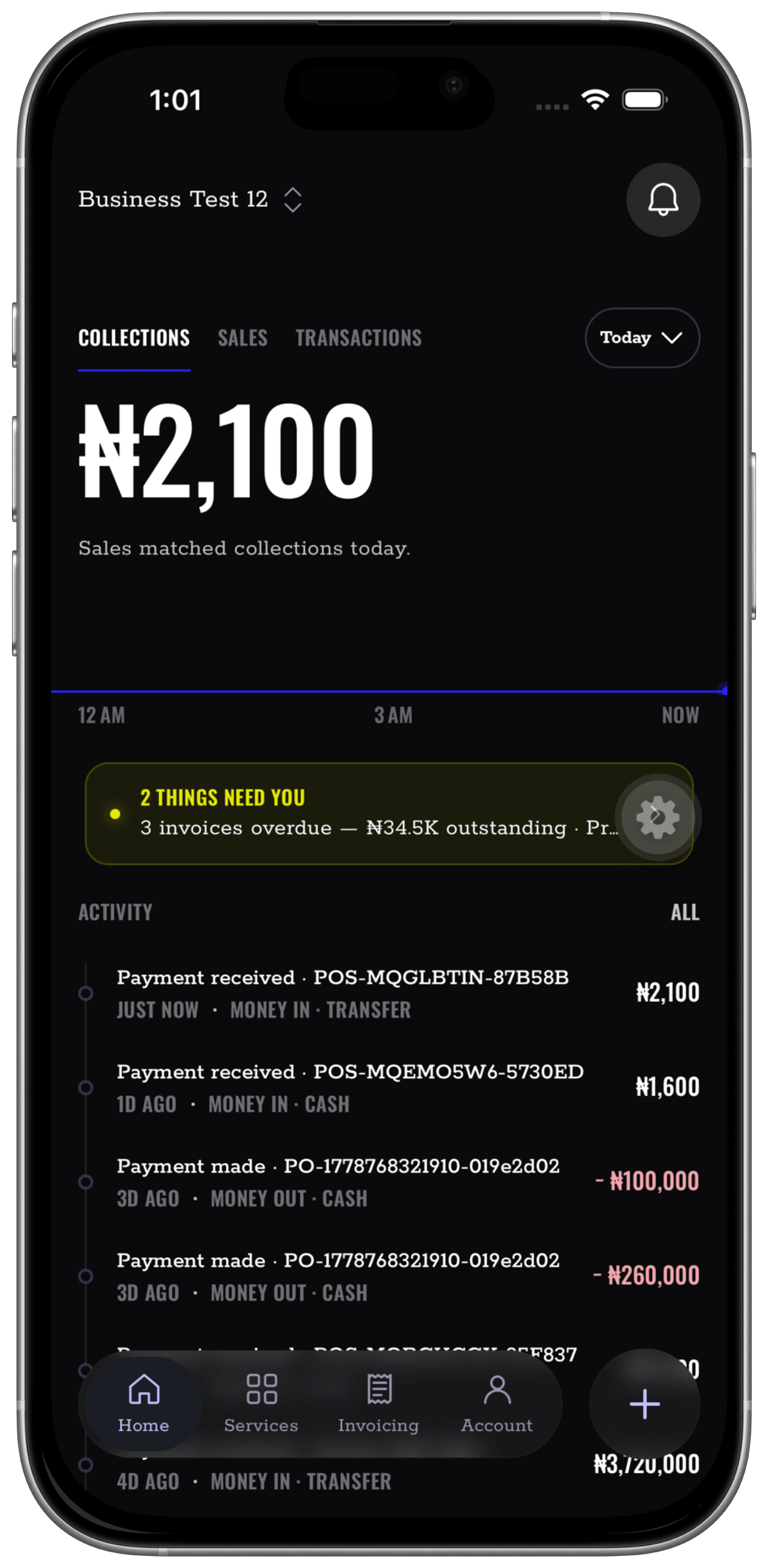 Nukodes home screen showing collections and business activity