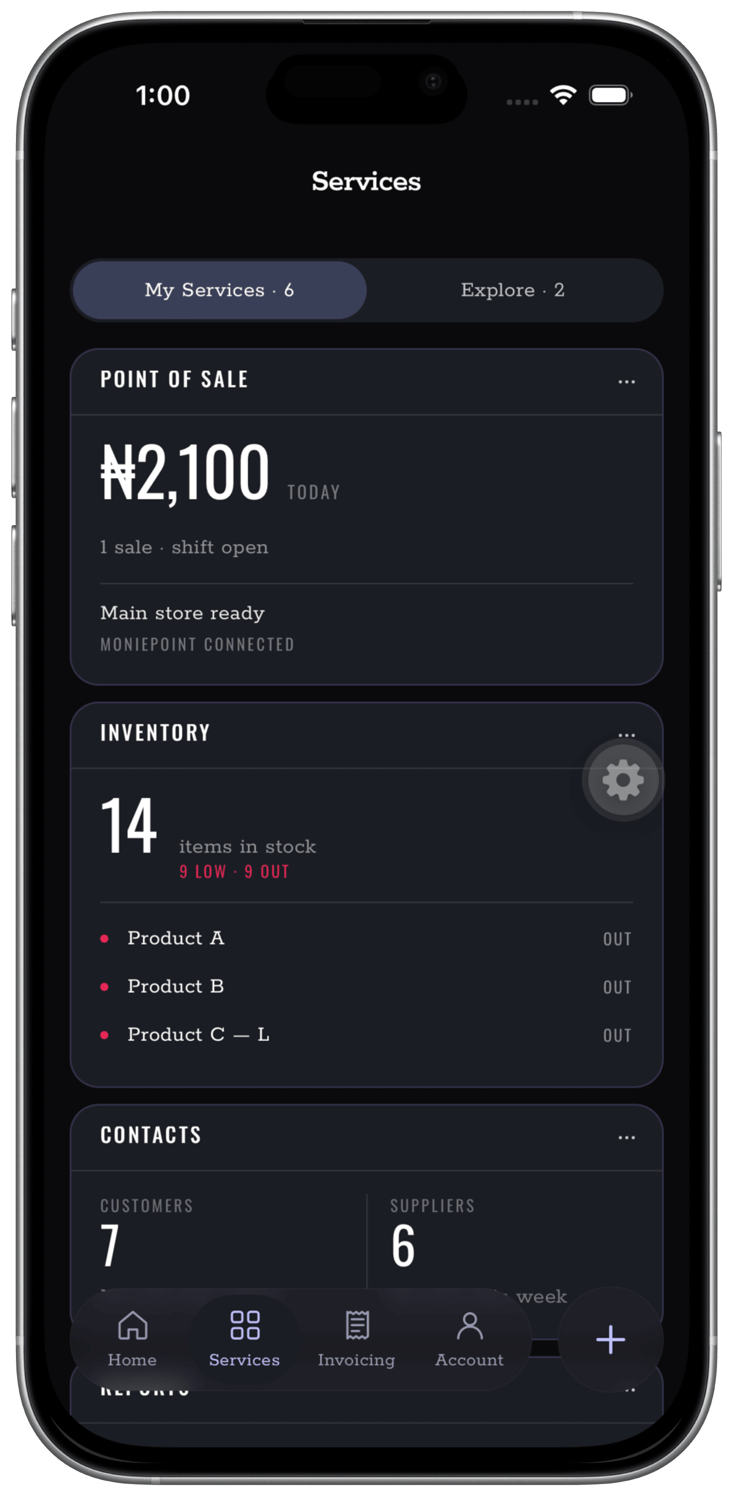 Nukodes services screen showing point of sale, inventory, and contacts
