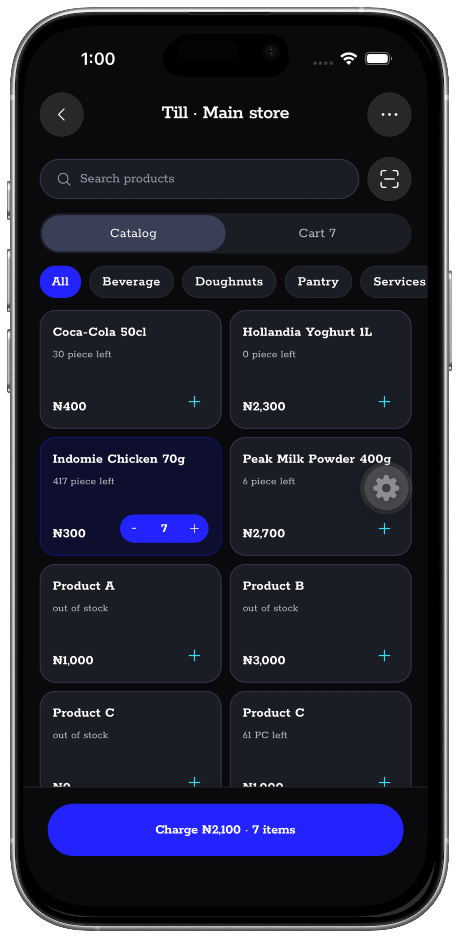 Nukodes till screen showing product catalog and cart checkout