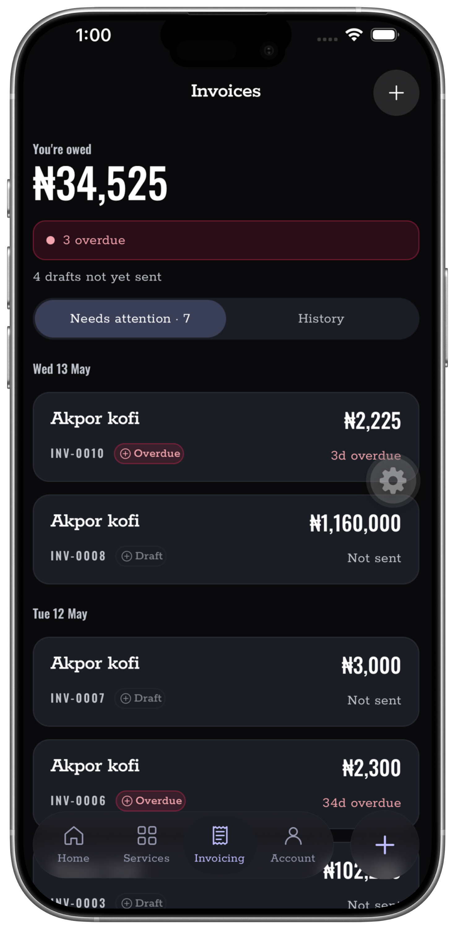 Nukodes invoicing screen for service businesses